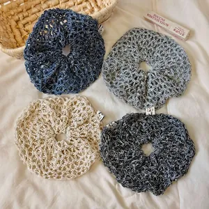Set of 4 oversized crochet scrunchies in bohemian hollow knit style and various colors
