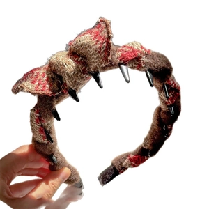 Plaid weave headband with high-top design and anti-slip teeth in reddish-brown fabric