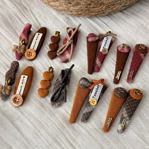 Cute plaid teddy bear hair clip set in autumn tones with tweed bows and retro buttons