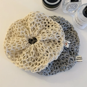 Beige crochet hollow large scrunchie set with woven cotton texture and side label