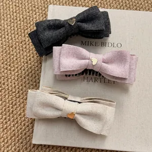 Elegant Woolen Bowknot Heart Pendant Banana Hair Clip High-End Winter Hair Claw For Women Sweet Vintage Style Hair Accessory