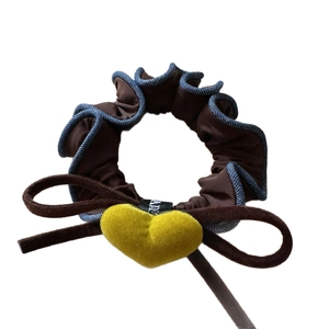 Brown velvet heart scrunchie with blue denim lace and yellow heart accent hair tie