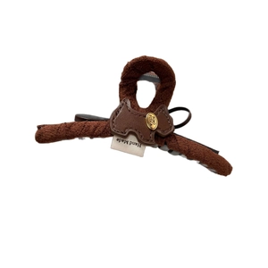 Brown plush puppy shark hair claw clip with handmade leather patch for women