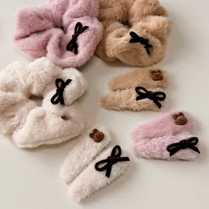 Women's Autumn Winter Plush Hair Clips And Scrunchies Sweet Faux Fur Bear Bow Hair Accessories Beige Pink Khaki Hair Ties