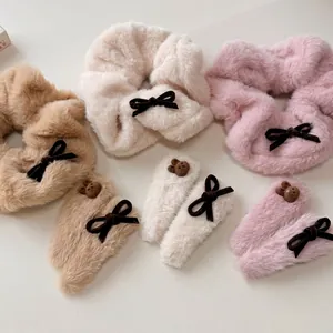 Plush faux fur scrunchie and hair clip set with velvet bows and cute bear patches