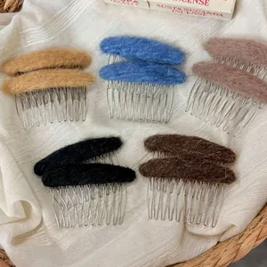 Autumn oval plush hair side comb set with metallic teeth in five vintage assorted colors