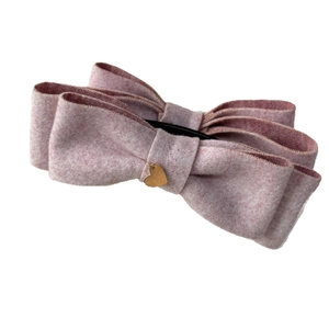 Pink tweed ribbon bow hair clip with gold heart charm for elegant women hair styling