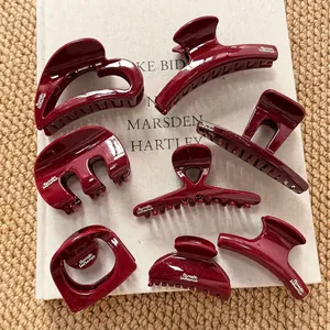 French Style Burgundy Resin Hair Claw Clips Fine Glitter Gold Label Shark Clips Elegant Wine Red Hair Catch For Women