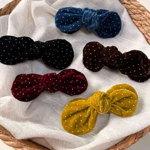 Five-piece velvet polka dot bow hair clips set in assorted vintage colors for women