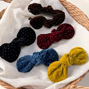 Elegant velvet polka dot bow banana hair clips set in various autumn colors for women