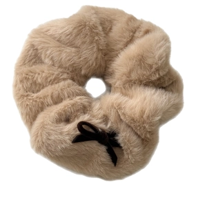Plush khaki scrunchie with dark brown faux suede bow for sweet autumn winter hairstyles