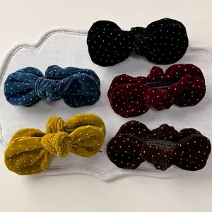 Elegant velvet polka dot bow hair clips in black, navy, wine, yellow and brown colors