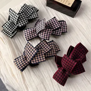 Chic houndstooth pattern bow hair clips in four elegant colors for women's high ponytail