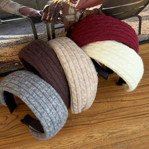 Five assorted winter cable knit headbands in grey, coffee, beige, cream, and wine red