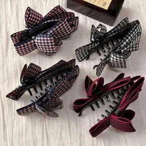 Chic houndstooth plaid bow banana hair clips in pink, black, brown and red colors