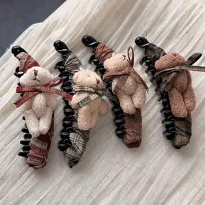 Sweet Plush Bear Bow Banana Hair Clip Vintage Plaid Fabric Wrapped Hairpin Cute Animal Hair Accessory For Women Ponytail Styling