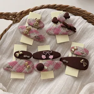 Ensemble de barrettes à carreaux rose et marron avec oursons mignons et nœuds