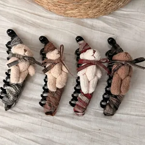 Cute bear banana hair clips with plaid fabric and bow detailing for women hair accessories