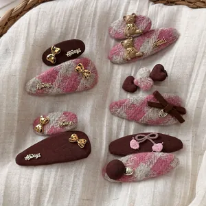 Lot de barrettes BB pied-de-poule rose et marron avec tweed et nœuds dorés élégants