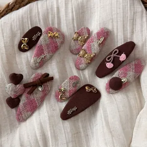 Cute autumn houndstooth hair clips set with velvet bows and cherry embroidery decoration
