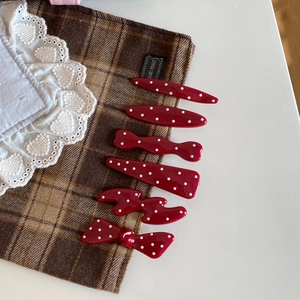 Retro red and white polka dot hair clips set of six with bow and wave patterns
