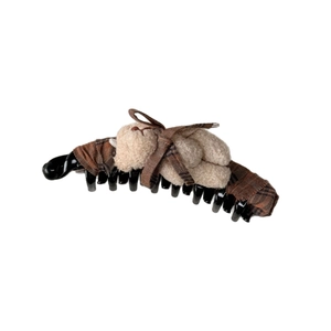 Cute teddy bear banana hair clip with brown plaid bow accent for elegant updos