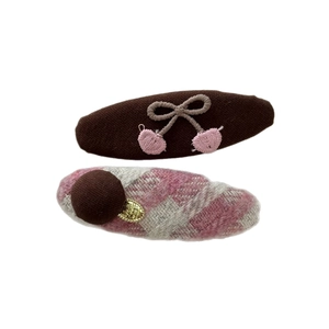 Autumn houndstooth BB clips with pink cherry embroidery and vintage gold heart pendant