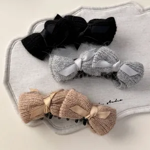 Korean Bow Knit Banana Clip Autumn Winter Woolen Yarn Hair Claw For Women Elegant Back Head Updo Hair Accessories Gift