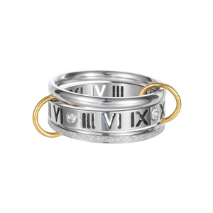 Multi-layer mixed metal ring with Roman numerals, cubic zirconia, and gold link accents