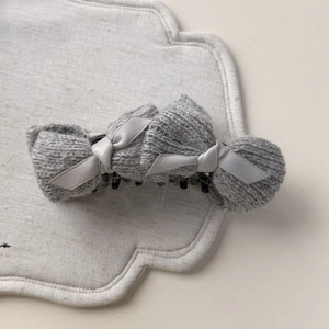 Grey knitted banana hair clip with satin bows for elegant women hairstyles