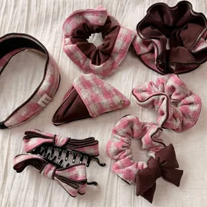 Chouchous À Carreaux Rose Café Style Coréen Nœud En Tissu Élastiques À Cheveux Doux Élégant Bandeau Pinces Accessoires Femme
