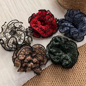 Korean Vintage Double Layer Lace Scrunchie Hollow Out Floral Embroidery Large Hair Tie Scalloped Edge Elastic Hair Band Women Accessories