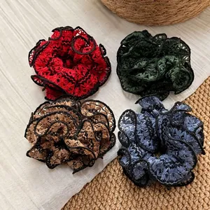 Crochet knit hair scrunchies with lace trim in red, green, coffee, and blue colors