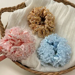 Elegant Oversized Satin Sequin Lace Scrunchies Floral Ruffled Elastic Hair Ties For Women Sweet Aesthetic Hair Accessories