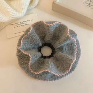 Gray rabbit fur knitted scrunchie with pink crochet scalloped edges for women's hair