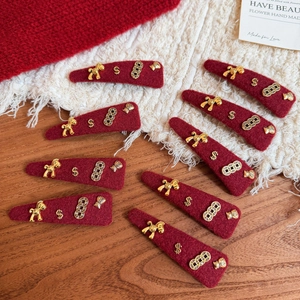 Red Felt Hair Clip With Gold Metal Horse Money Bag Coin Charms Festive New Year Rhinestone Hairpin For Women Jewelry