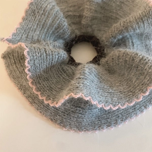 Chic dark grey knitted rabbit fur scrunchie with pink wavy edges for autumn and winter