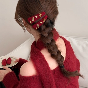 Red faux mink hair clips with golden Chinese zodiac and coin charms for New Year