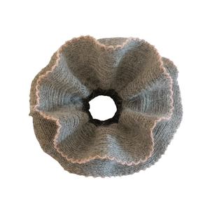 Chic grey rabbit fur knit scrunchie with pink wavy edges for elegant women hairstyles