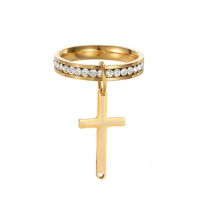 Bague multicouche dorée avec pierres scintillantes et pendentif en croix