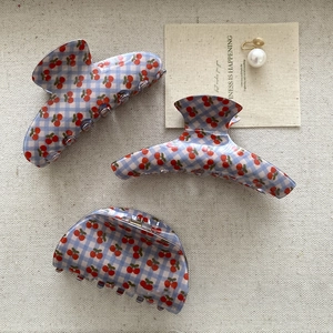 Korean Style Cherry Gingham Hair Claw Clip Retro Blue White Checkered Acrylic Shark Clip Fashion Hair Accessories For Women