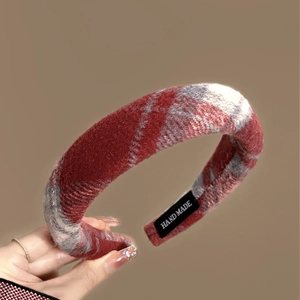 French vintage red plaid headband for women with handmade label and thick woolen texture
