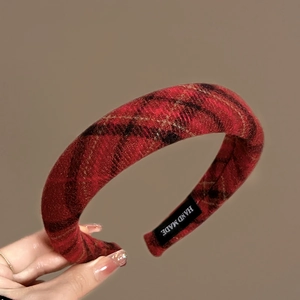 French vintage red plaid headband for women with high top design in tweed fabric