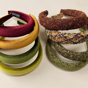 Velvet and tweed padded headbands in burgundy, yellow and green colors for women