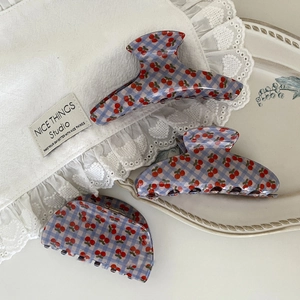 Three-piece set of blue checkered cherry hair claws in elegant arc and trapezoid shapes