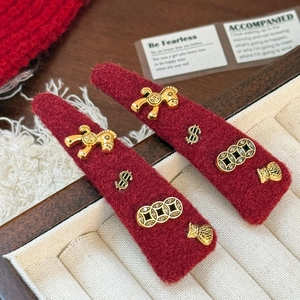 Red velvet Year of the Horse hair clips with golden horse and coin charms in gift box
