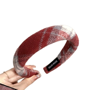 French vintage red plaid headband with thick padded design for women in high-top style