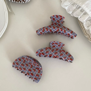 Three-piece set of blue gingham cherry hair claws for women in various sizes