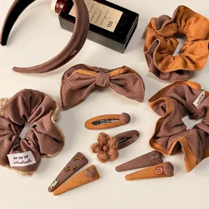 Korean Style Brown Fabric Hair Accessories Collection Women Sweet Vintage Bow Flower Hair Clips Scrunchies Headband Decorative