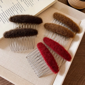 Furry flocking hair side comb set in brown and burgundy for women winter hairstyling